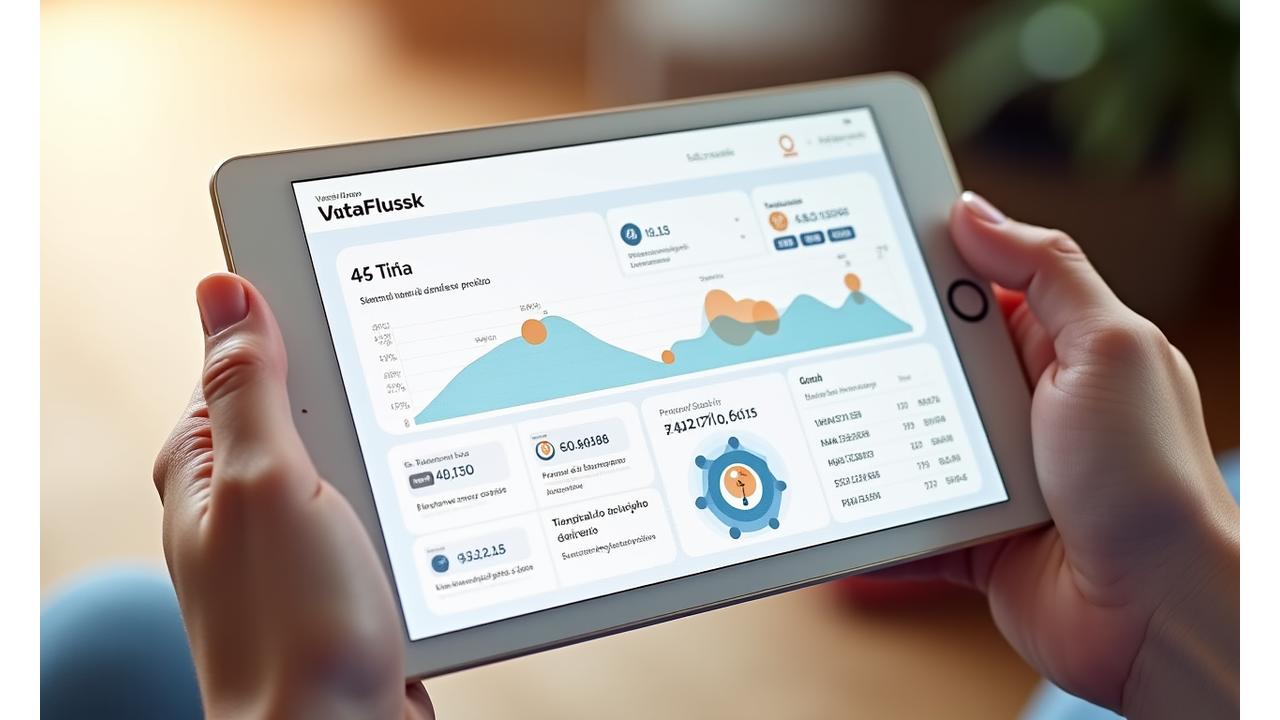 Mockup di una dashboard VitaFlusso che mostra grafici di dati aggregati da smartwatch e app, con insights predittivi sul sonno, attività fisica e livelli di stress, indicatori colorati di privacy and control.