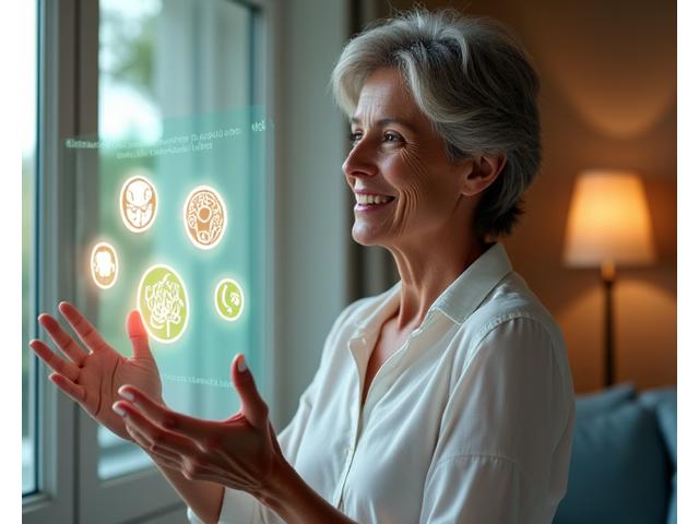 Donna sorridente di 40-50 anni che interagisce con un'interfaccia olografica che mostra icone di benessere personalizzato come nutrizione, esercizio e relax, simbolo di integrazione AI nella vita quotidiana.