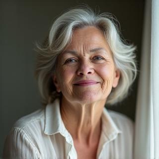 Ritratto sorridente di Anna, donna di 58 anni, che emana serenità, con luce calda che la illumina.