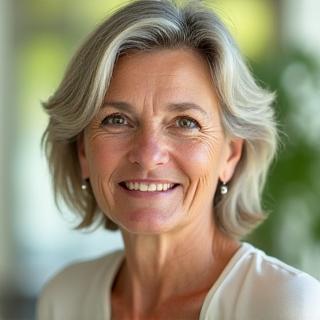 Ritratto sorridente di Maria, donna di 52 anni, con uno sfondo morbido e sfocato che irradia vitalità.